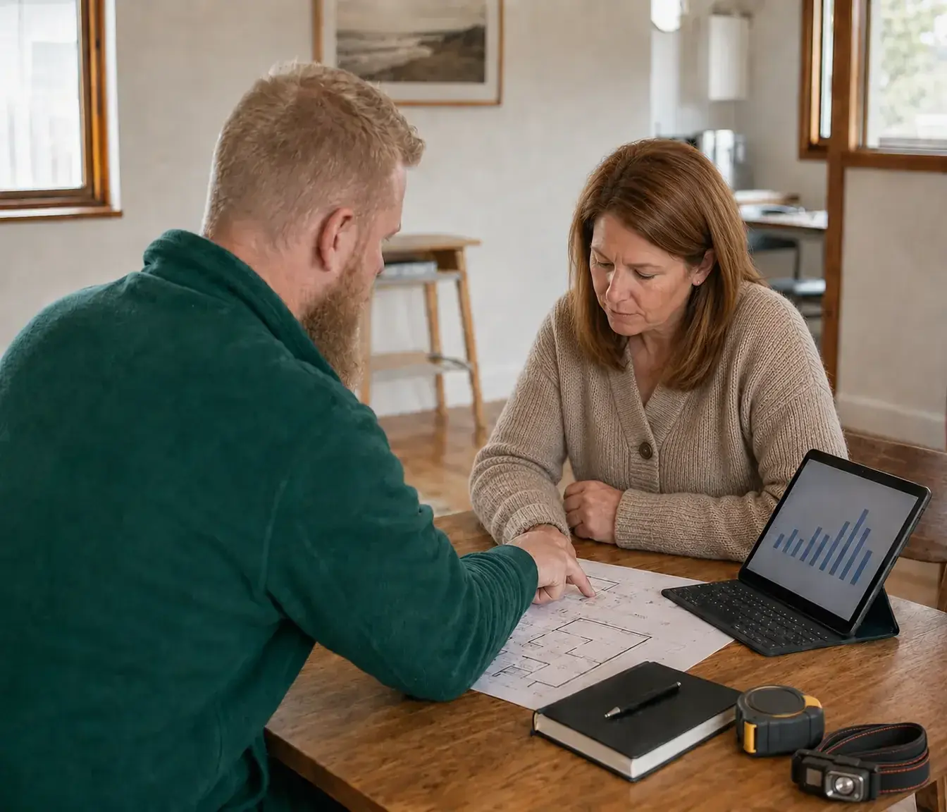An energy adviser reviewing building plans and household energy-use data with a homeowner in Hobart.