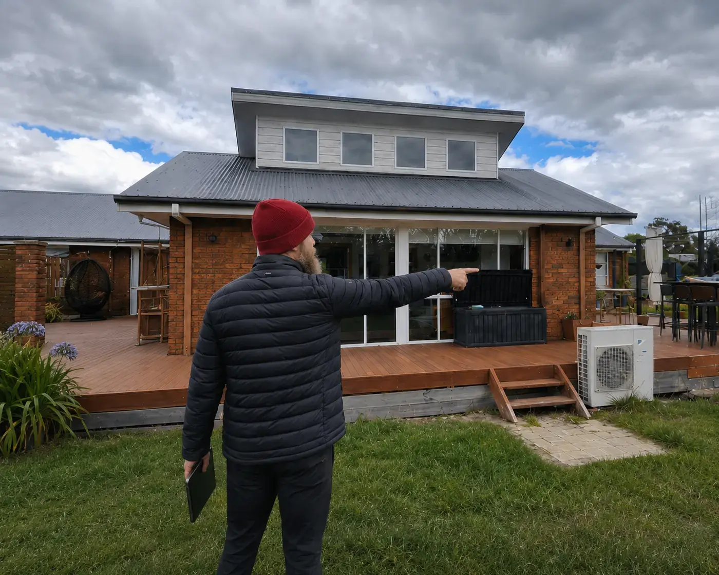 Jarred Nielson reviewing outdoor equipment during a home energy assessment in Hobart.
